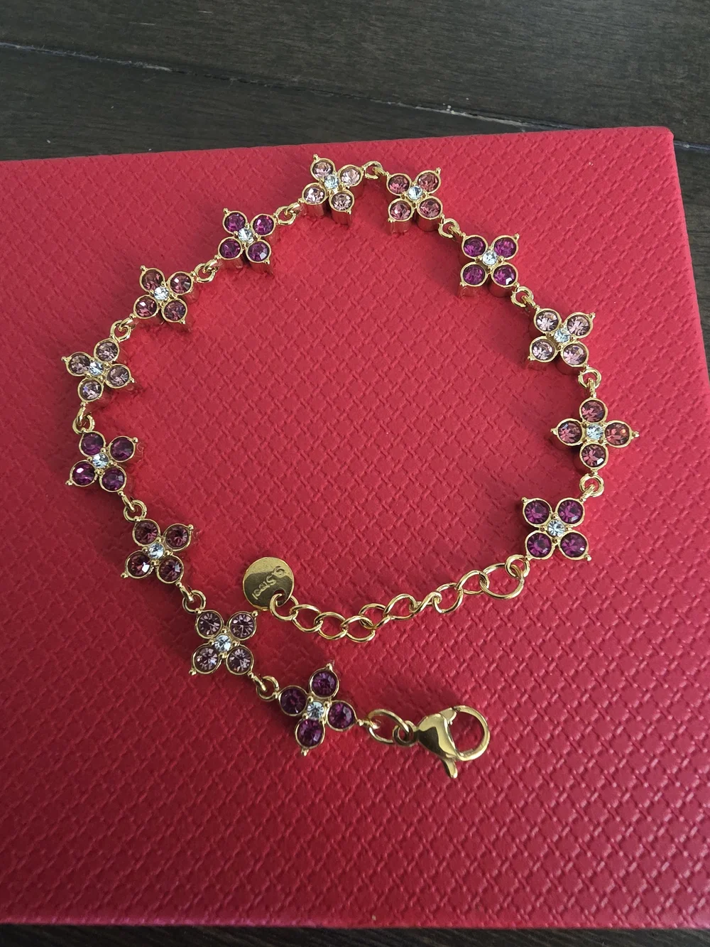 Gold-Tone Floral Crystal Bracelet in Pink and Purple